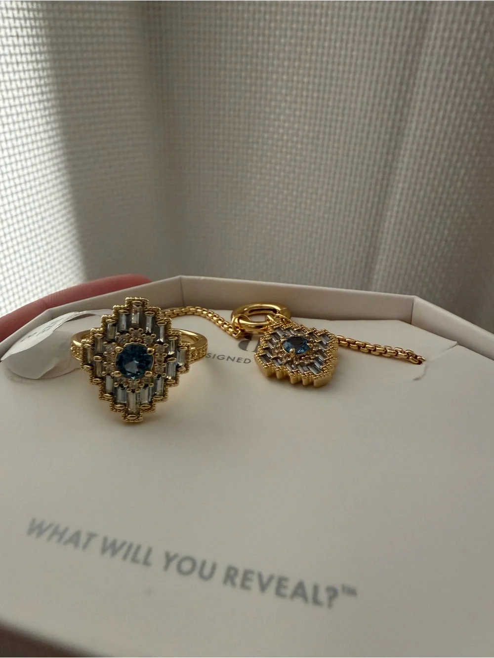 Bomb Party Gold-Tone Necklace and Ring Set with Blue Crystal Accents